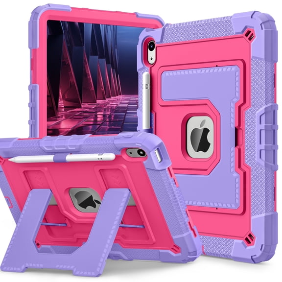 Case for iPad 11-inch (A16) 2025/ iPad 10th Generation 2022 (10.9 inch), Shockproof iPad Cover with Pencil Holder & Kickstand, Purple Rose Red