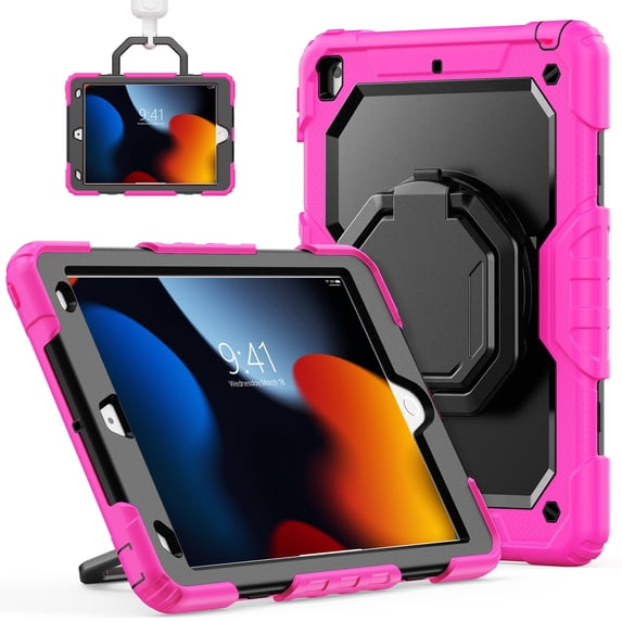 FJLBDE Case for iPad 9th 8th 7th Gen 10.2 inch 2021 2020 2019, 360 Rotating Stand Handle Shoulder Strap Heavy Duty Shockproof Cover, Rose