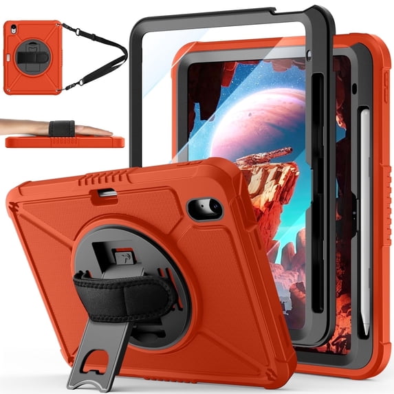 Lmcpa Case for iPad (A16) 11th Generation 11 inch 2025, iPad 10th Generation 10.9 inch 2022 with Pencil Holder, Shockproof Cover with Screen Protector/360° Rotate Hand Strap/Stand, Red