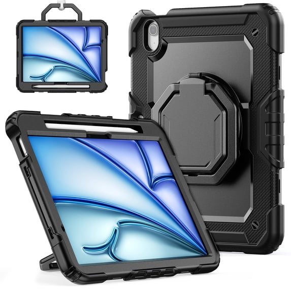 Case for iPad Air 11 inch M3 2025/M2 2024 (7th/6th Gen), 360 Rotating Stand Handle Pencil Holder Shoulder Strap Heavy Duty Shockproof Cover, Black