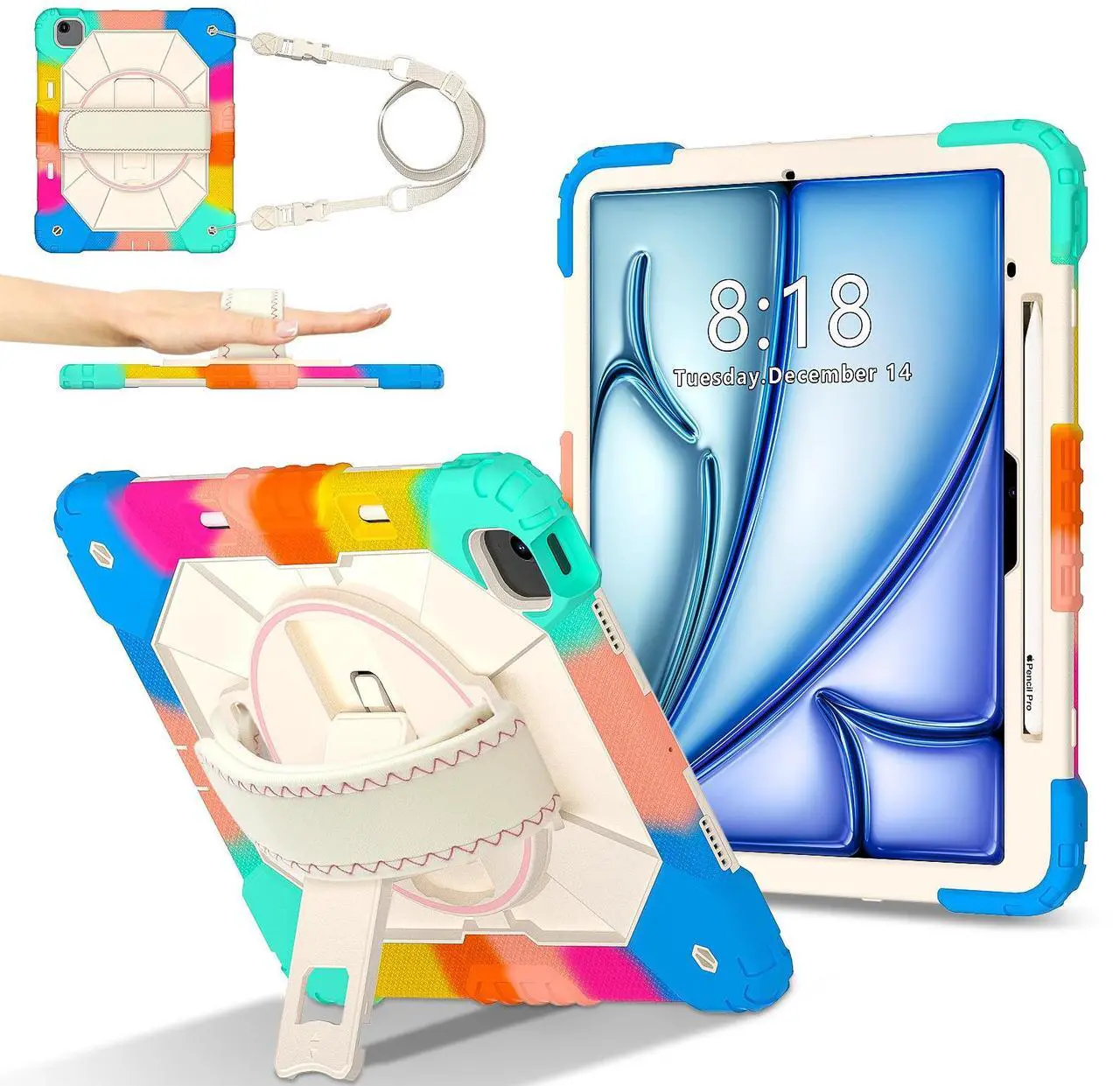 Case for iPad Air 13 Inch M3/M2 2025/2024 with Rotating Stand Pencil Holder Hand/Shoulder Strap, Heavy Duty Shockproof Protective Cover