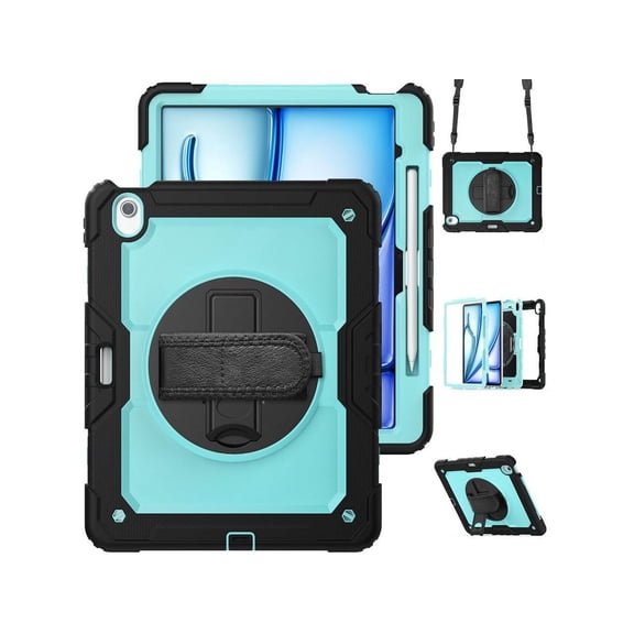 Case for iPad Air 13 inch M3 2025 / M2 2024 with Built-in Screen Protector, 360° Rotating Stand, Adjustable Shoulder Strap, Pencil Holder