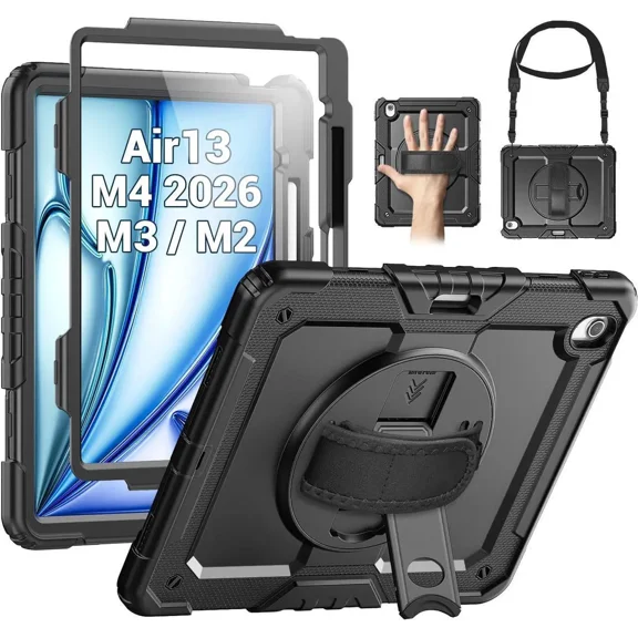 Case for iPad Air 13 inch M4 2026 / M3 2025 / M2 2024 with Built-in Screen Protector, 360° Rotating Stand, Adjustable Shoulder Strap, Pencil Holder