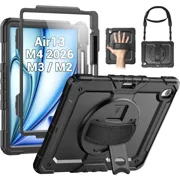 Case for iPad Air 13 inch M4 2026 / M3 2025 / M2 2024 with Built-in Screen Protector, 360  Rotating Stand, Adjustable Shoulder Strap, Pencil Holder