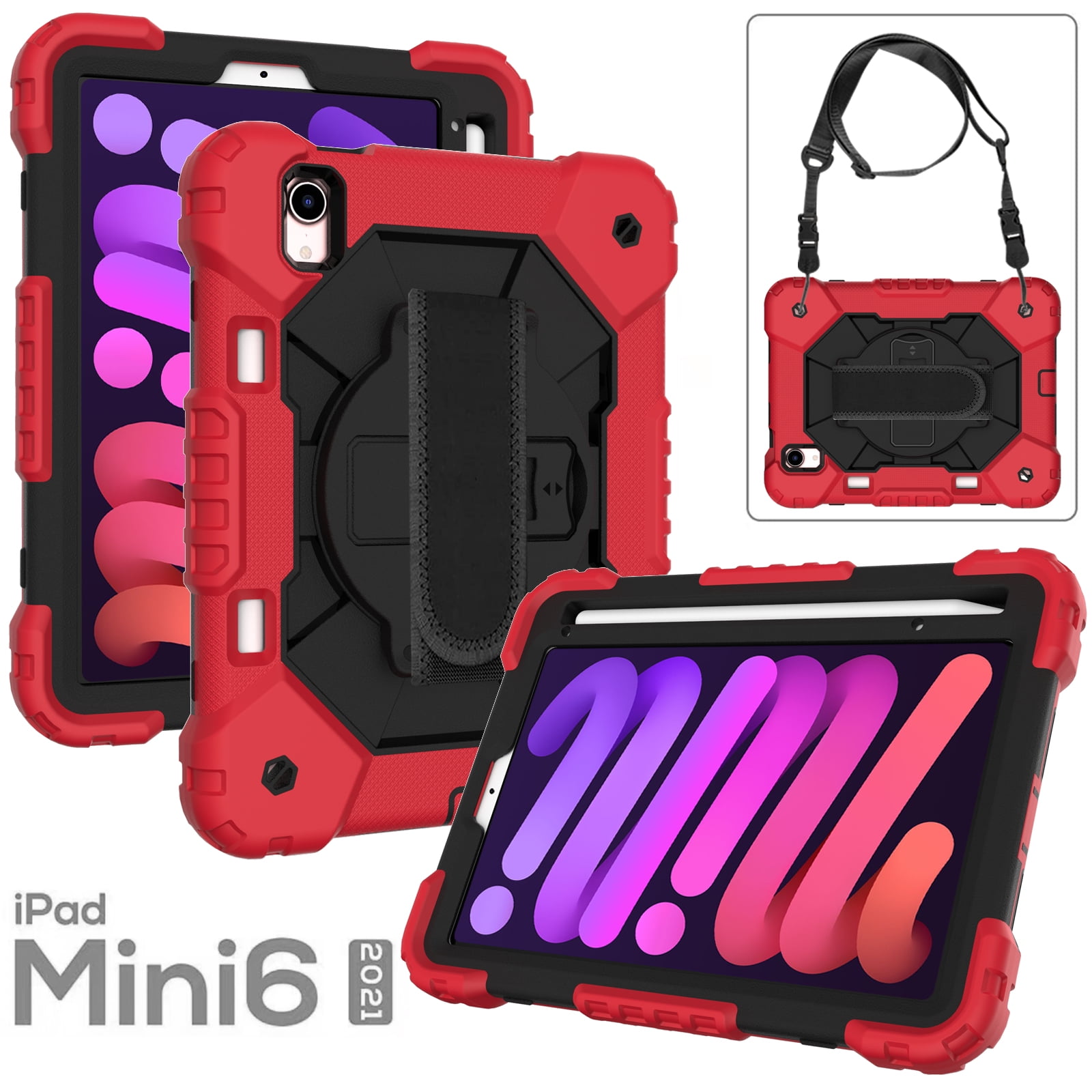 Case for iPad Mini 6 2021 8.3-inch, Kids Shockproof Rugged Hybrid 360 Rotating Stand Cover with Hand Shoulder Strap/Pencil Holder