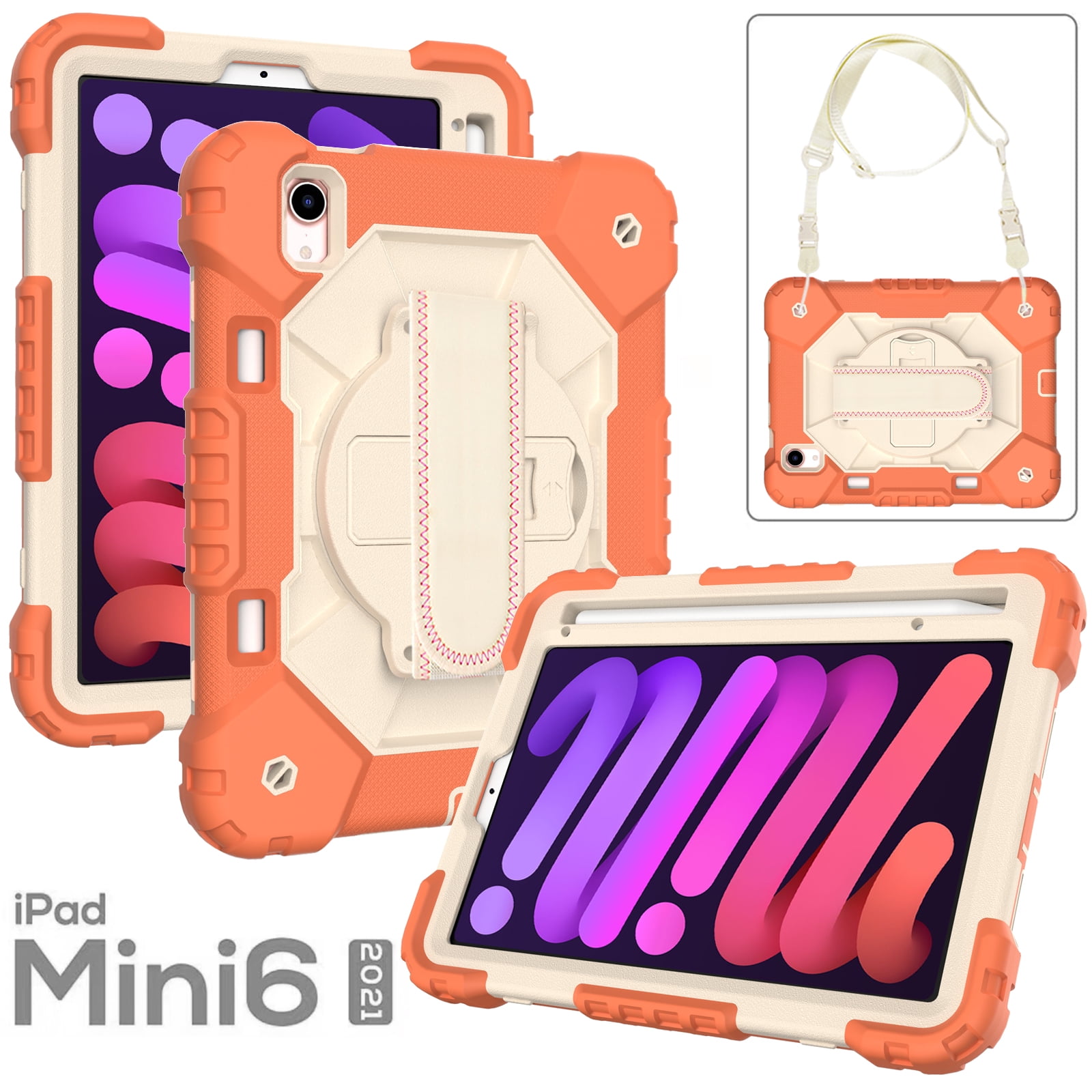 Case for iPad Mini 6 2021 8.3-inch, Kids Shockproof Rugged Hybrid 360 Rotating Stand Cover with Hand Shoulder Strap/Pencil Holder
