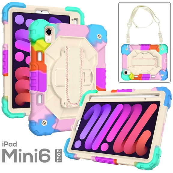 Case for iPad Mini 6 2021 8.3-inch, Kids Shockproof Rugged Hybrid 360 Rotating Stand Cover with Hand Shoulder Strap/Pencil Holder
