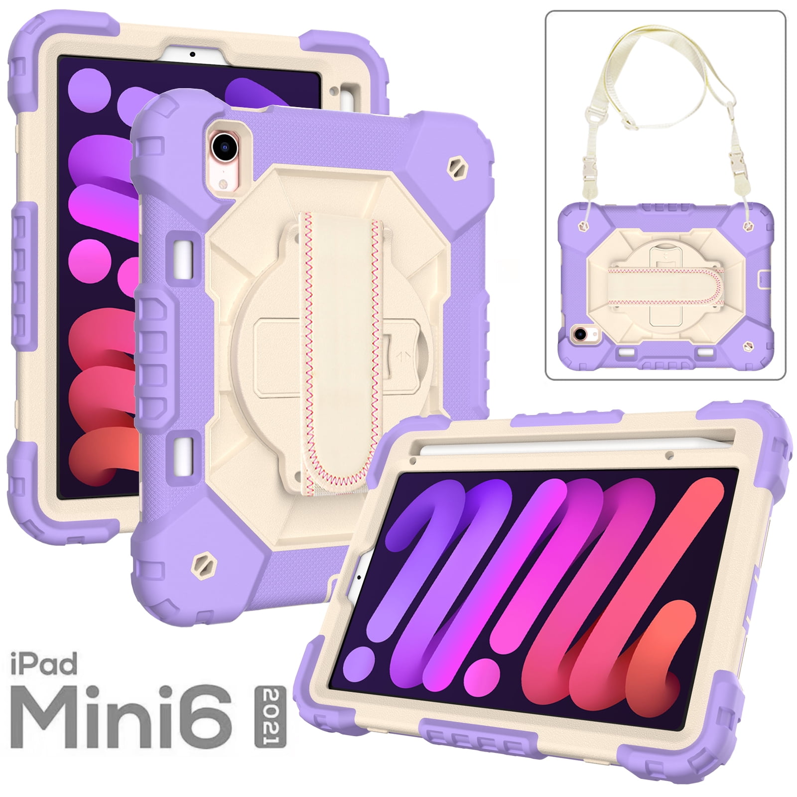 Case for iPad Mini 6 2021 8.3-inch, Kids Shockproof Rugged Hybrid 360 Rotating Stand Cover with Hand Shoulder Strap/Pencil Holder