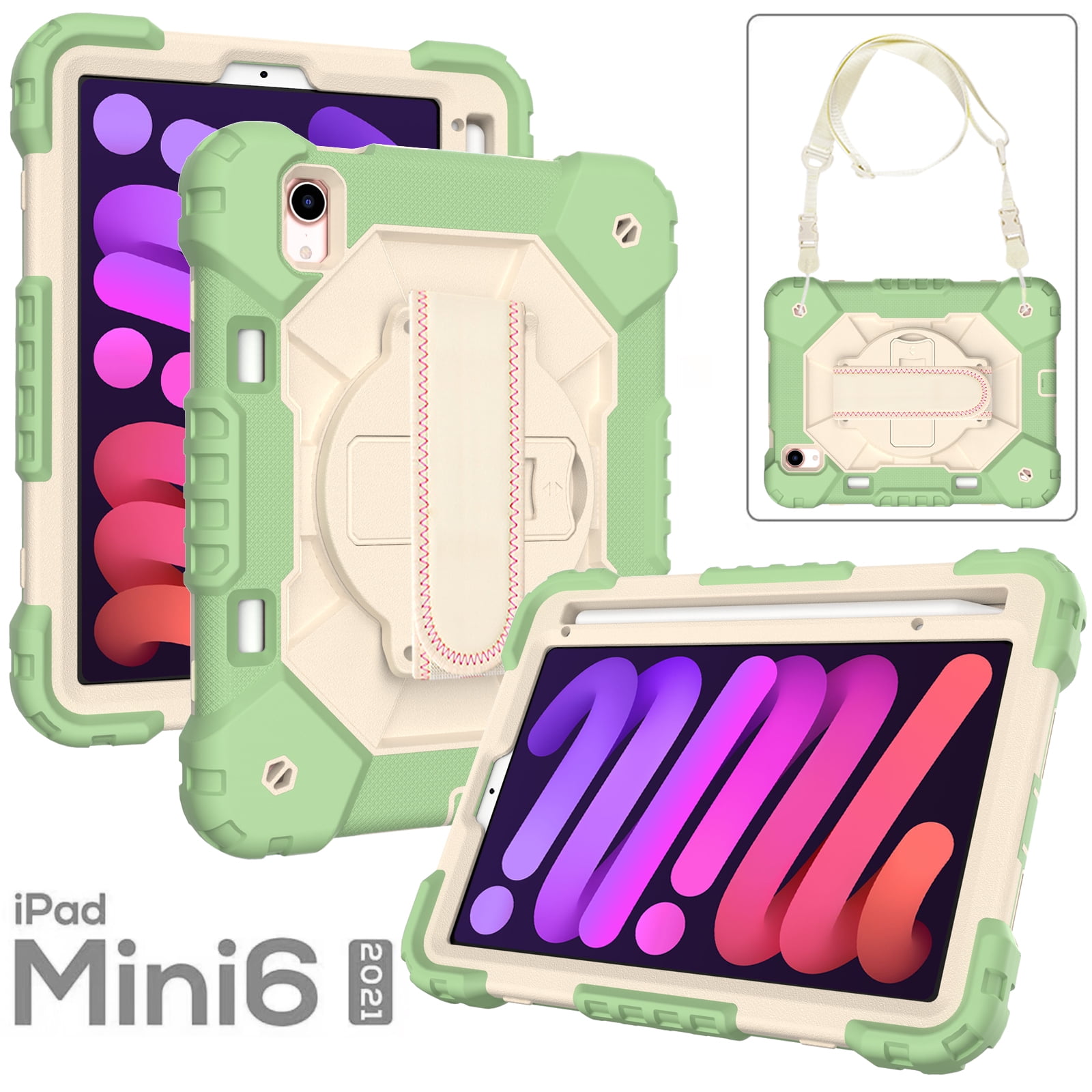 Case for iPad Mini 6 2021 8.3-inch, Kids Shockproof Rugged Hybrid 360 Rotating Stand Cover with Hand Shoulder Strap/Pencil Holder