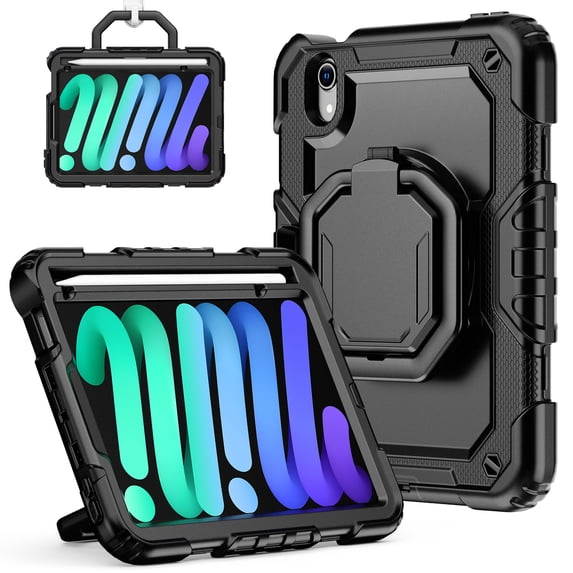 Case for iPad Mini 7 2024/Mini 6 2021 8.3 inch 7th/6th Gen, 360 Rotating Stand Handle Shoulder Strap Heavy Duty Shockproof Cover, Black
