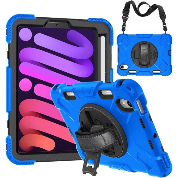 Case for iPad Mini 7 (A17 Pro) 2024 / iPad Mini 6 8.3 inch 2021 Protective Cover with 360° Rotating Stand, Hand/Shoulder Strap, Pencil Holder