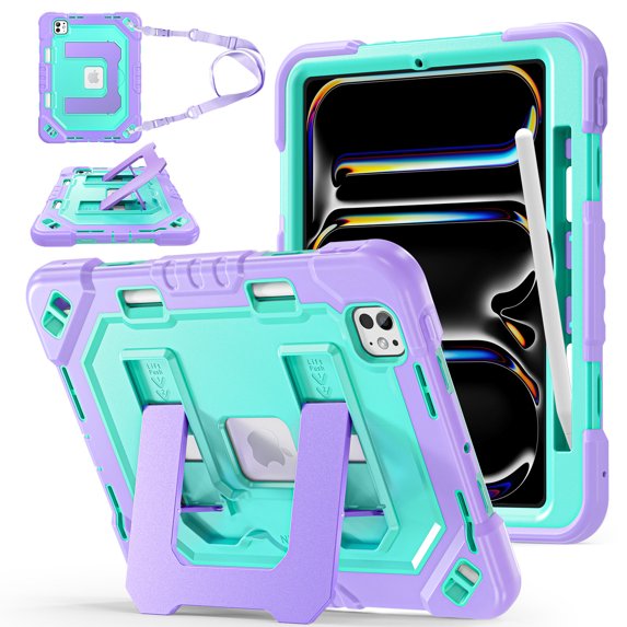 Case for iPad Pro 11 Inch (M4 2024/M5 2025), Military Grade Shockproof Cases with Pencil Holder Shoulder Strap Screen Protector, Purple Mint Green