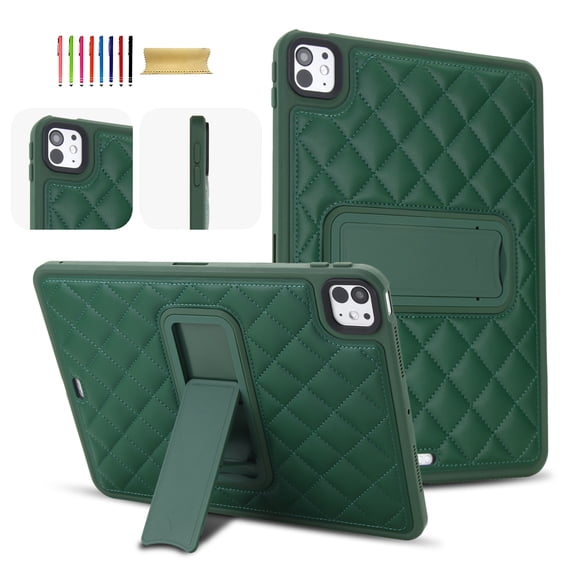 Case for iPad Pro 11 Inch M5 M4 2025/2024, Luxury Quilted PU Leather Slim Cover with Multi-Angle Kickstand, Shockproof Protective Shell,Green