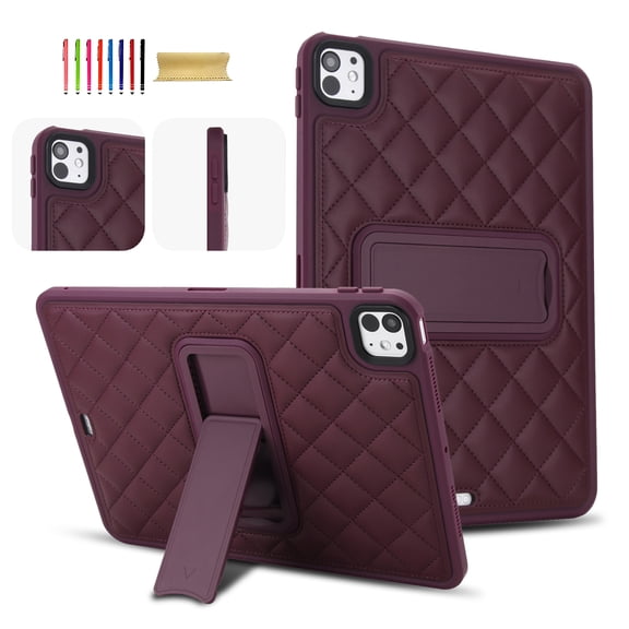 Case for iPad Pro 11 Inch M5 M4 2025/2024, Luxury Quilted PU Leather Slim Cover with Multi-Angle Kickstand, Shockproof Protective Shell,Winered