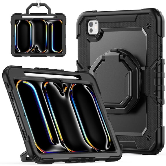 Case for iPad Pro 11 inch M4 2024/ M5 2025, 360 Rotating Stand Handle Pencil Holder Shoulder Strap Heavy Duty Shockproof Cover, Black