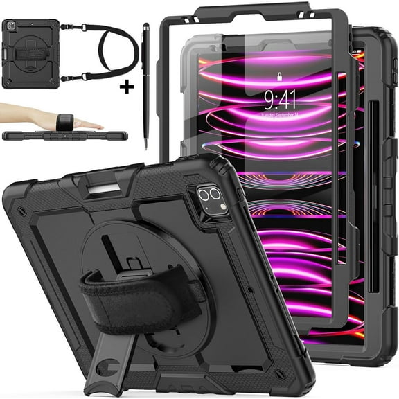 Case for iPad Pro 12.9 inch 2022 2021 2020 2018 Full Body Shockproof Cover with Screen Protector Pen Holder Stand Hand Shoulder Strap Stylus Pen
