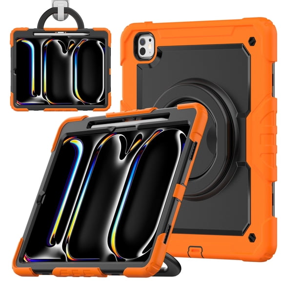 Case for iPad Pro 13 inch M4 2024/ M5 2025, 360 Rotating Stand Handle Pencil Holder Shoulder Strap Heavy Duty Shockproof Cover, Orange