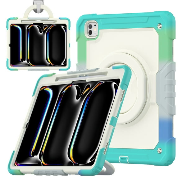 Case for iPad Pro 13 inch M4 2024/ M5 2025, 360 Rotating Stand Handle Pencil Holder Shoulder Strap Heavy Duty Shockproof Cover, Rainbow Blue