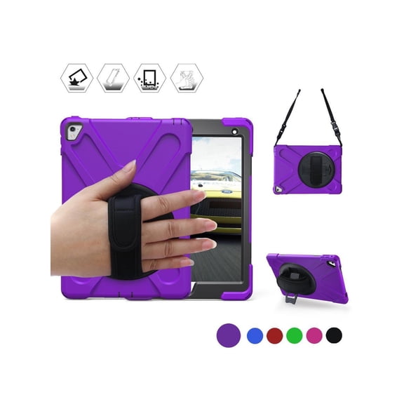 Case for iPad Pro 9.7 inch 2016 Model A1673 A1674 A1675 Shockproof Hard Cover with 360 Degree Rotating Stand Hand Strap Shoulder Strap