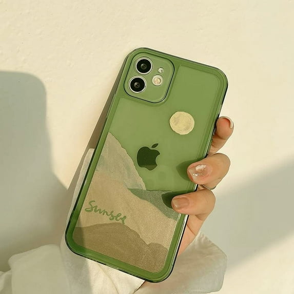 Case for iPhone 11 6.1 inch, Clear Soft Bumper Protective Retro Color Snow Mountain Moon Transparent Phone Case - Green