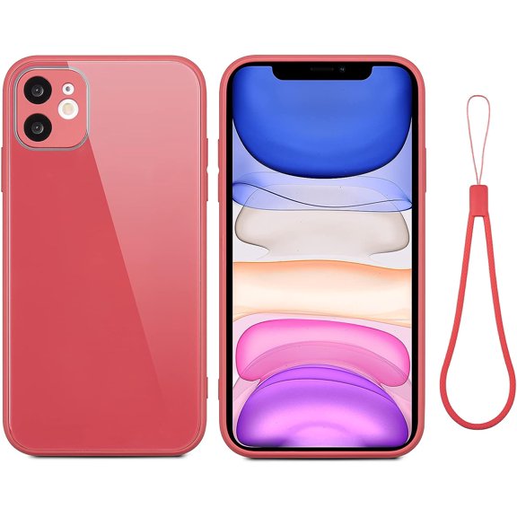Case for iPhone 11 6.1 inch, Slim Soft Liquid Silicone Phone Case with Tempered Glass Back Fashion Hand Strap Shockproof TPU Bumper Cover - Glass Red