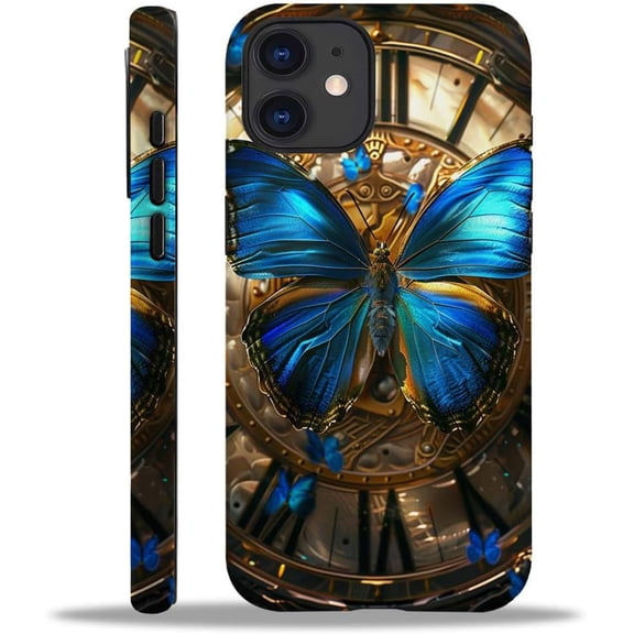 Case for iPhone 11, Blue Butterfly Clock, 2 in 1 Hard Shell + Silicone, Shockproof Bumper Drop Protective Compatible with iPhone 11, 6.1-inch