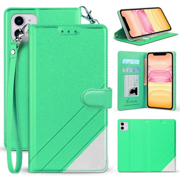 Case for iPhone 11, [Mint] Infolio Wallet Credit Card Slot ID Cover, View Stand [with Wrist Strap Lanyard] for Apple iPhone 11 (2019, 6.1" Model)