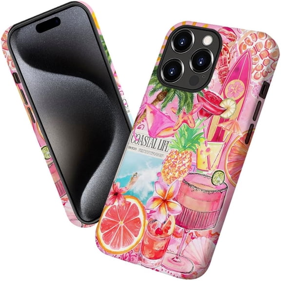 Case for iPhone 11 Pro, Pink Turtle Pineapple Flowers Collage Phone Case Military-Grade Drop Protection Cover for Women Girl - Frosted