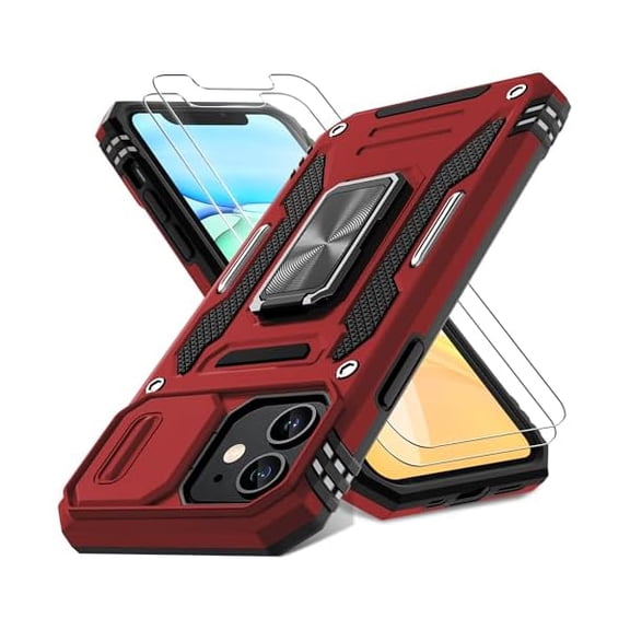 Case for iPhone 11 with Slide Camera Cover+Screen Protector(2 Packs),Rotated Ring Kickstand Military Grade Shockproof Protective Cover-Red