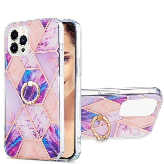 Case for iPhone 12 6.1 360 Degree Rotating Bracket Sparkling Marble Ring Case Anti-Fingerprint Skid Resistant Shockproof Protective Phone Cover