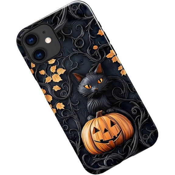Case for iPhone 12, Black Cat Pumpkin Fall Halloween Phone Case Military-Grade Drop Protection Cover for Women Girl - Glossy