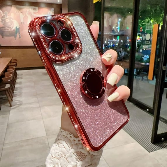Case for iPhone 12 Case Women Girl with Ring Stand Ring Holder Kickstand, Cute Glitter Sparkle Bling Protective Phone Case Cover (Red)