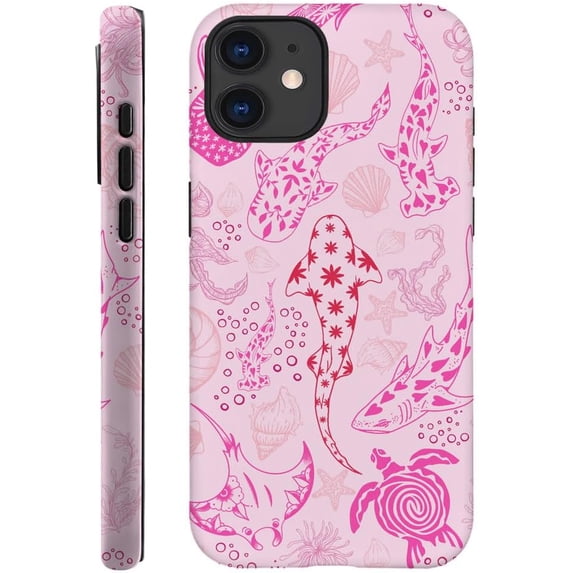 Case for iPhone 12, Fits Frosted Case Design for Girl Women, Sharks Turtles Shells Seaweed Pink