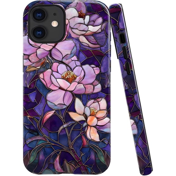 Case for iPhone 12, Fits Glossy Case Design for Girl Women, Stained Glass Flower Floral Purple