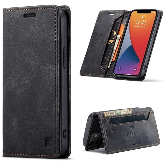 Case for iPhone 12 Mini 5.4 inch, Retro Matte Protective Leather Case with RFID Blocking Viewing Stand Magnetic Closure TPU Shell Flip Cover - Black