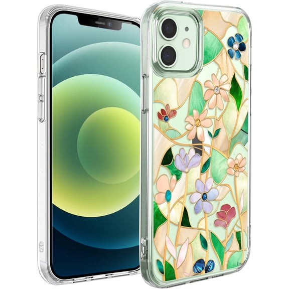 Case for iPhone 12 Mini Case Clear with Design Slim Protective Soft TPU Bumper Embossed Flroal Pattern 5.4 Inch (Stained Glass Flower)