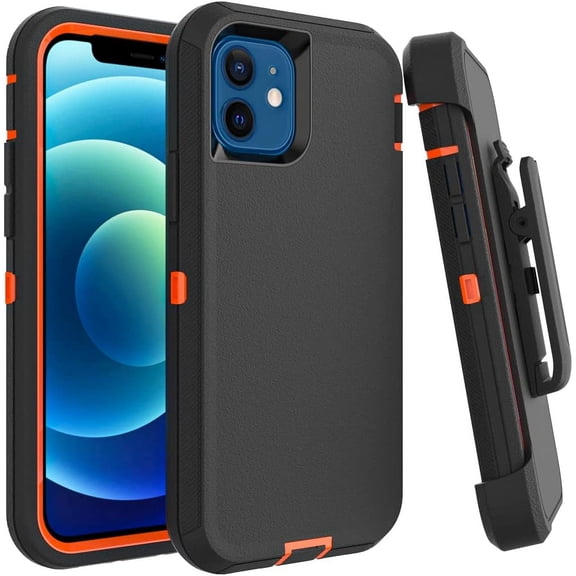 Case for iPhone 12 Mini with Clip, Heavy-Duty Tough Rugged Shockproof Drop Protective Cover Phone Cases, Black Orange