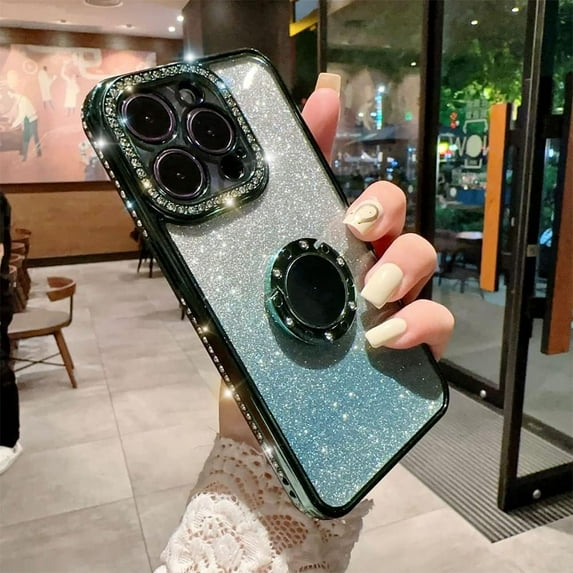 Case for iPhone 12 Pro Max Case Women Girl with Ring Stand Ring Holder Kickstand, Cute Glitter Sparkle Bling Protective Phone Case Cover (Green)