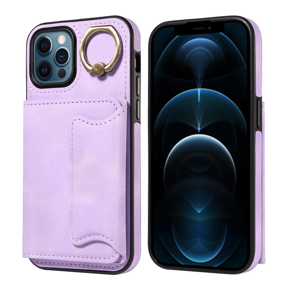 Case for iPhone 12 Pro, PU Leather 3 Card Slots with Finger Ring Holder Shockproof Phone Case