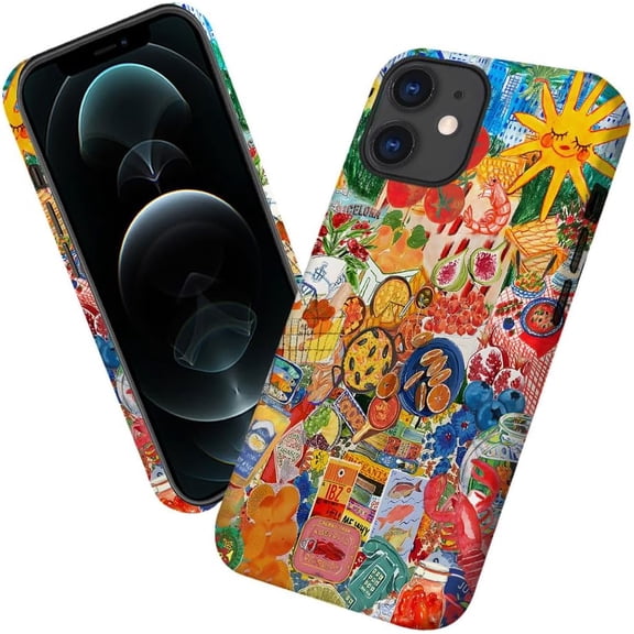 Case for iPhone 12, Sun Food Fish Fruit Collage Phone Case Military-Grade Drop Protection Cover for Women Girl - Frosted