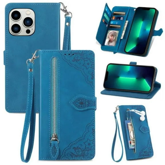 Case for iPhone 12 mini ,Magnetic Leather Wallet Card Pocket Zipper Case Kickstand Cover with Wrist Strap for iPhone 12 mini 5.4-inch