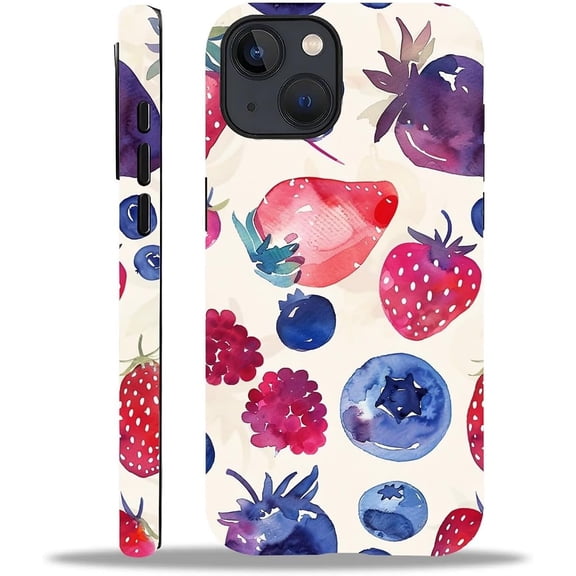 Case for iPhone 13 14, Watercolor Blueberries 2 in 1 Hard Shell + Silicone, Shockproof Bumper Drop Protective Compatible with iPhone 13 14