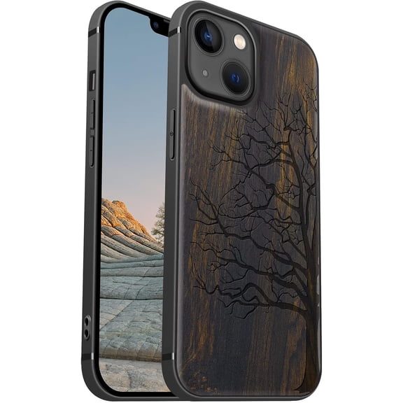 Case for iPhone 13 Case [Hard Real & Soft TPU] Unique & Classy Shockproof Hybrid Protective Cover Compatible with MagSafe Eternal Tree Carving-Black