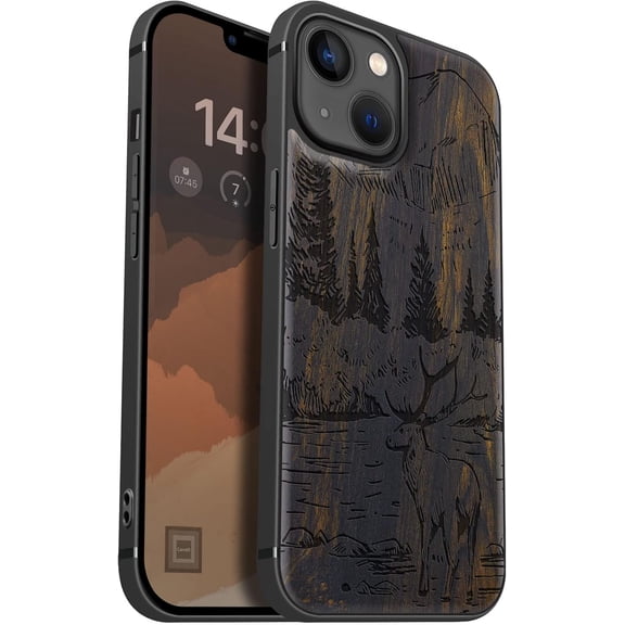 Case for iPhone 13 Case [Natural & Black Soft TPU] Unique Shockproof Protective Cover Compatible with magsafe Mountains and Deer -Black