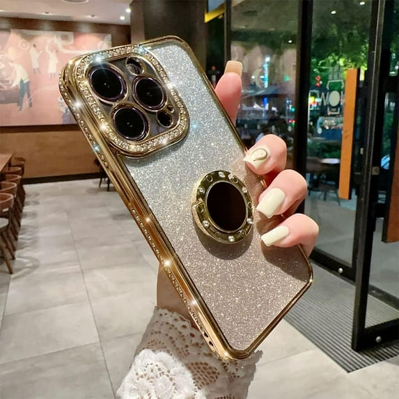 Case for iPhone 13 Case Women Girl with Ring Stand Ring Holder Kickstand, Cute Glitter Sparkle Bling Protective Phone Case Cover (Gold)