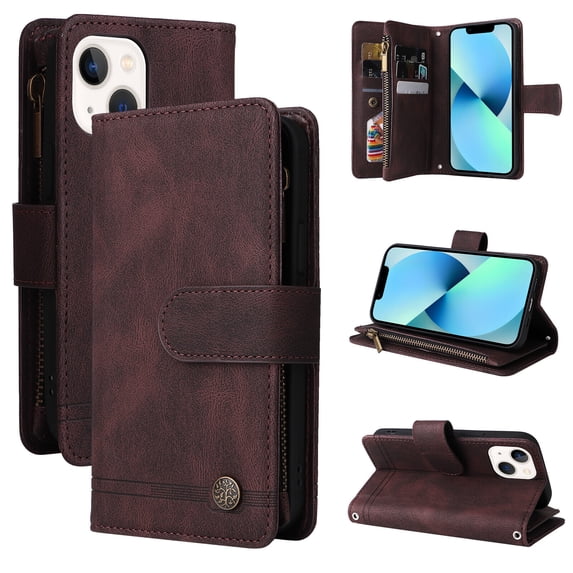 Case for iPhone 13 Cover Zipper Pocket Wallet Case Magnetic Protective - Braun