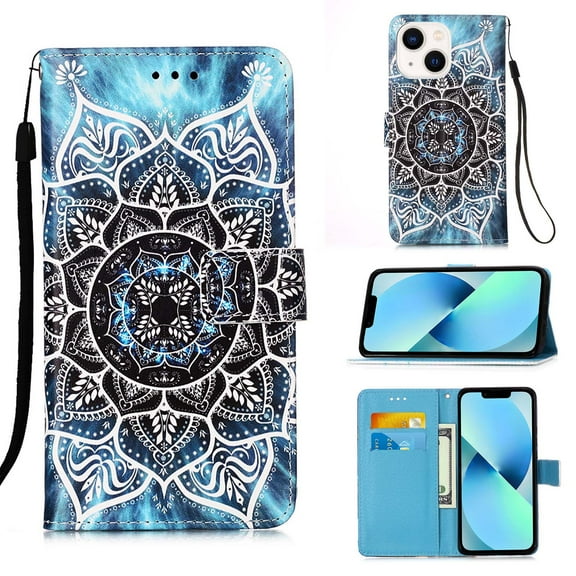 Case for iPhone 13, Folding Flip Leather Wallet Shockproof Protective Cover with Card Slots Kickstand Magnetic Closure Cute Girls Women Cover,Mandala