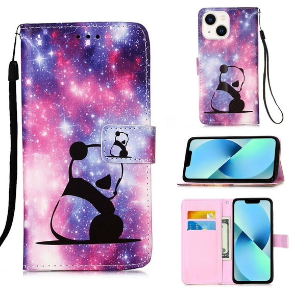 Case for iPhone 13, Folding Flip Leather Wallet Shockproof Protective Cover with Card Slots Kickstand Magnetic Closure Cute Girls Women Cover,Panda