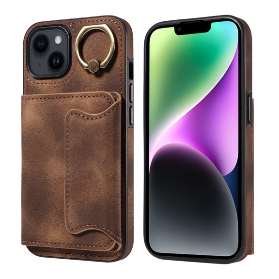 Case for iPhone 13, PU Leather 3 Card Slots with Finger Ring Holder Shockproof Phone Case