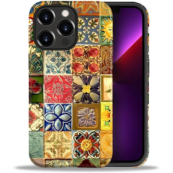 Case for iPhone 13 Pro, Drop Protection Hybrid 2-Layer Hard Phone Cover-Sun Tile Plant Collage